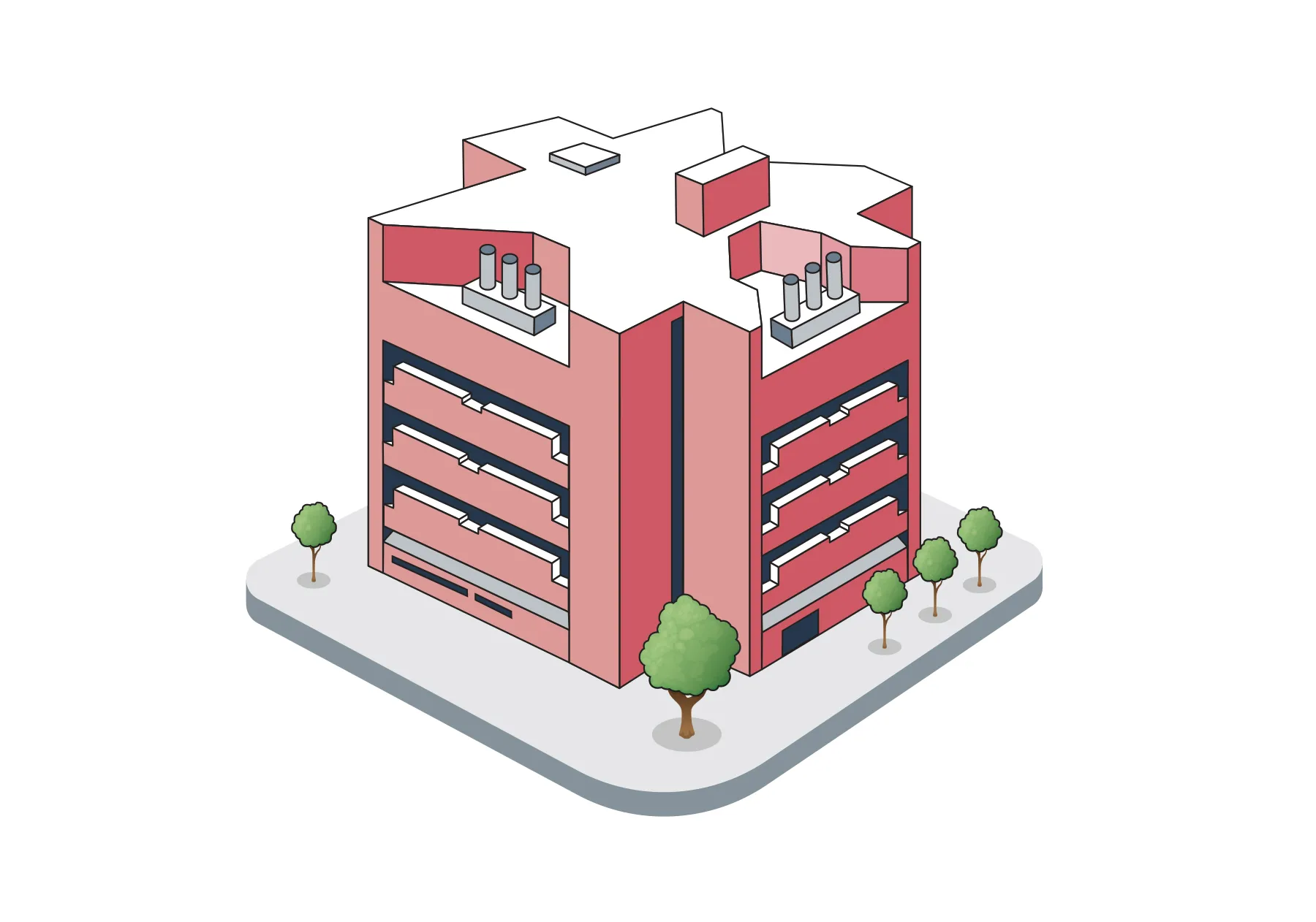 A red building of about 5 stories vaguely has a clover-leaf shape