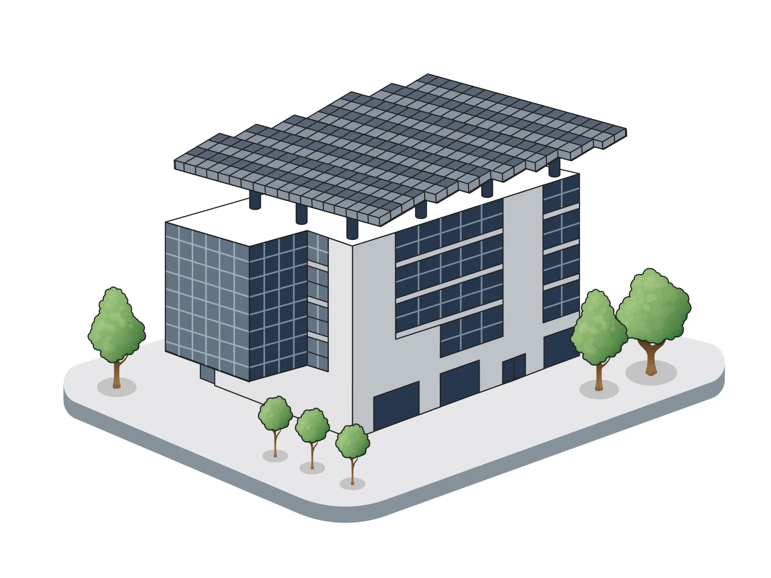 A multi story light-colored building is topped by solar panels