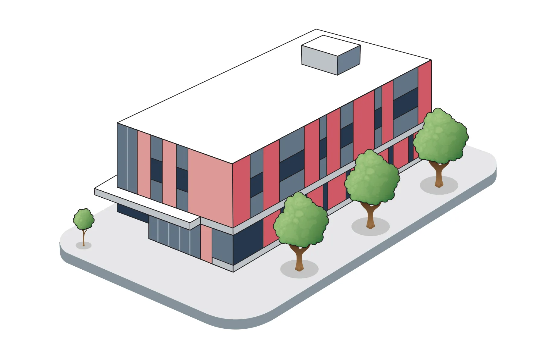 A modern building appears to be a larger rectangle sat on top of a smaller one. It's red brick and windows