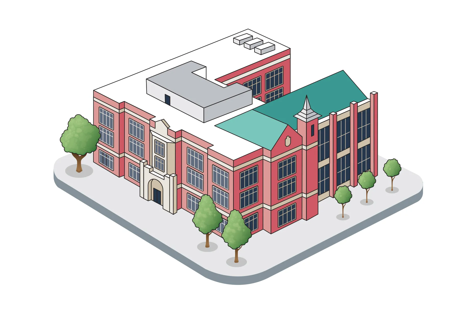A seamless addition to a classic university building makes it difficult to tell what's new and what's original. The front has a fancy doorway and entrance in an accent material stretching to its roof. The whole thing is shaped like a u with the entrance at the part of the letter that touches the line below