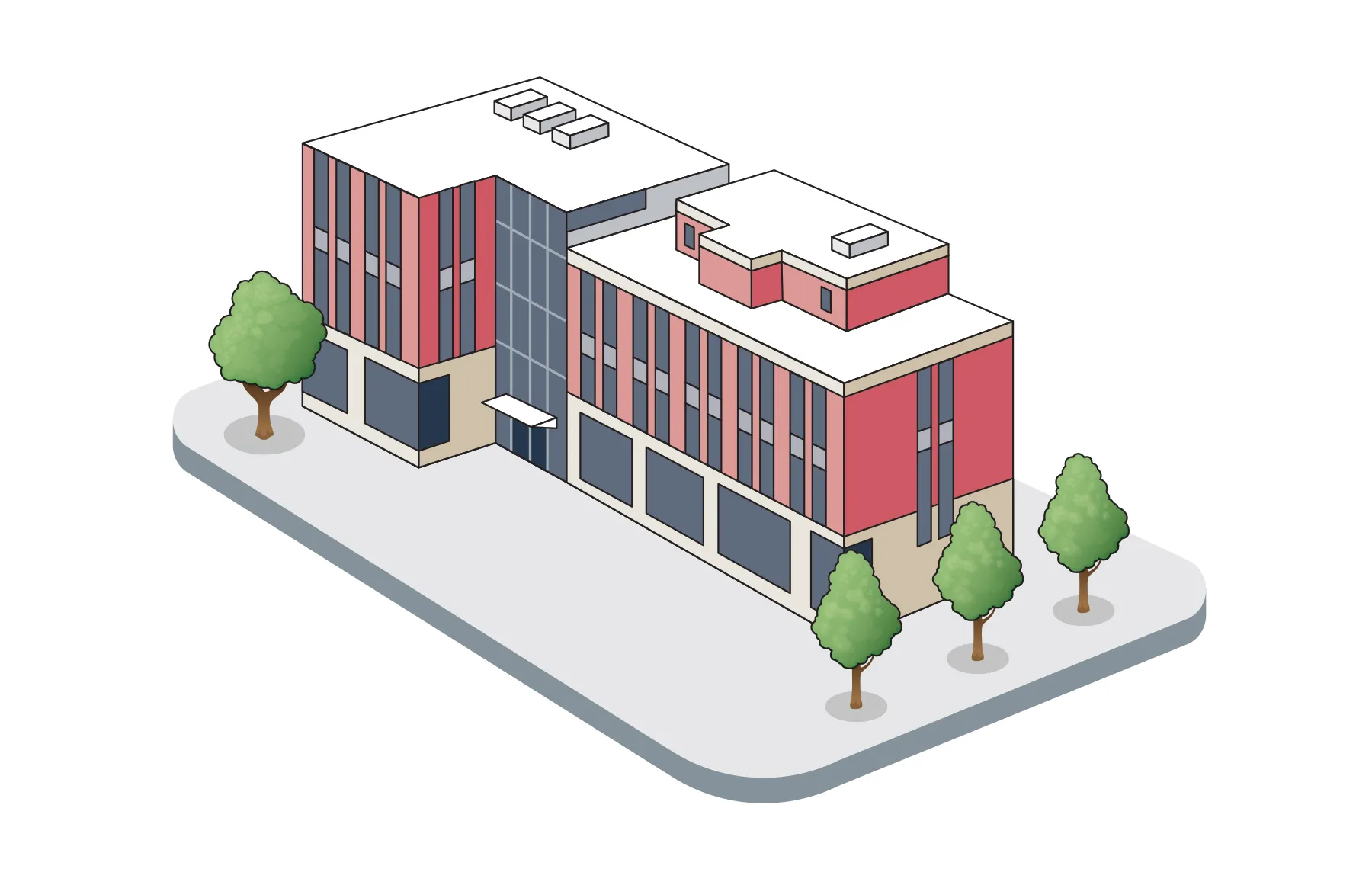 A building of 4 to 5 stories is modern and longer than it is tall with vertical appearing windows.