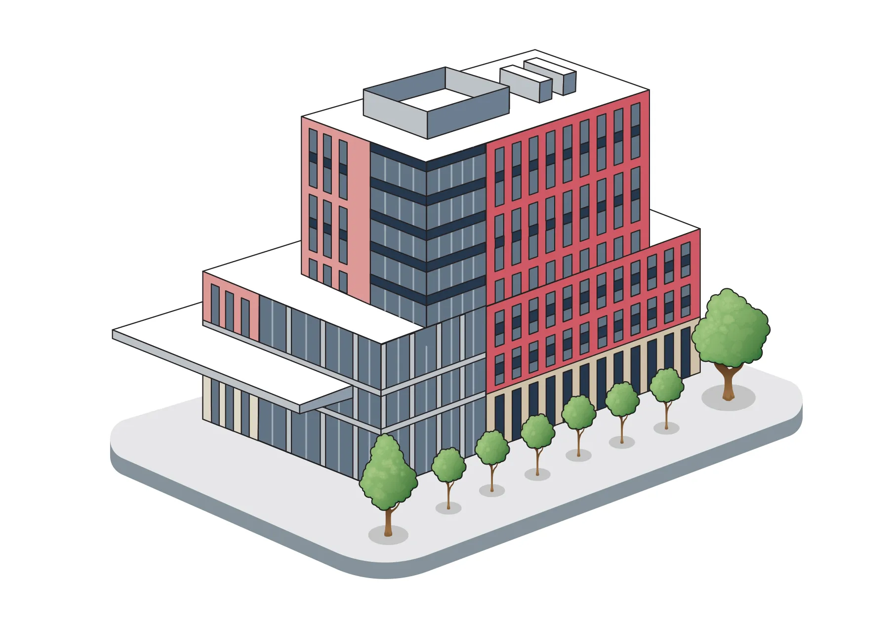 A tall brick and glass building is vaguely shaped like a three tiered cake with lots of windows
