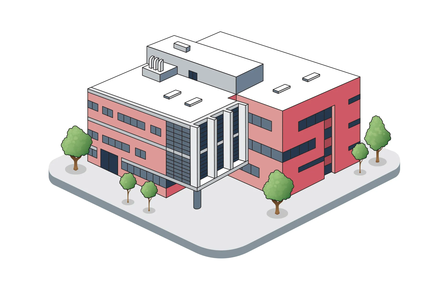 A red brick building has modern architectural details, including windows in strips that wrap around the corners, as if scotch-taped on