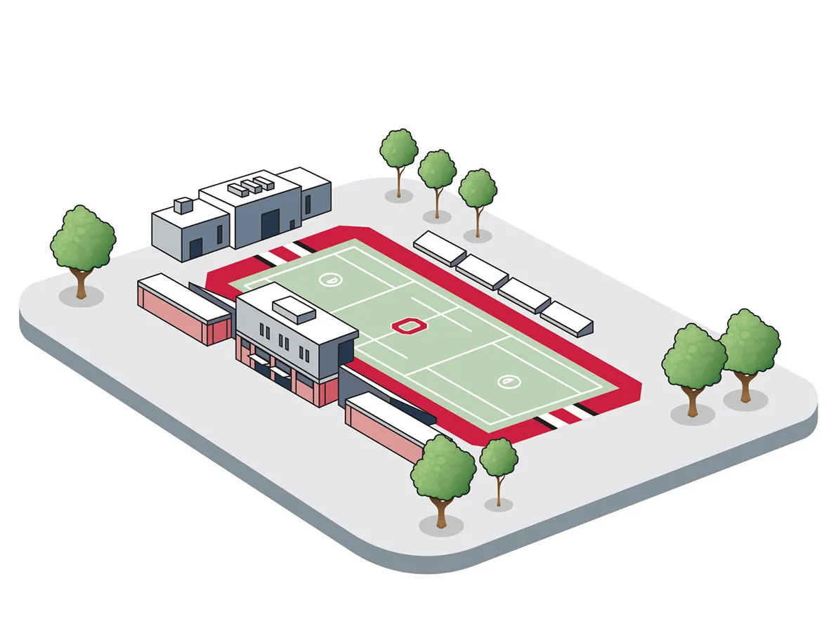 A field with stands on both sides and lines marked on the playing surface is topped by a short gray building