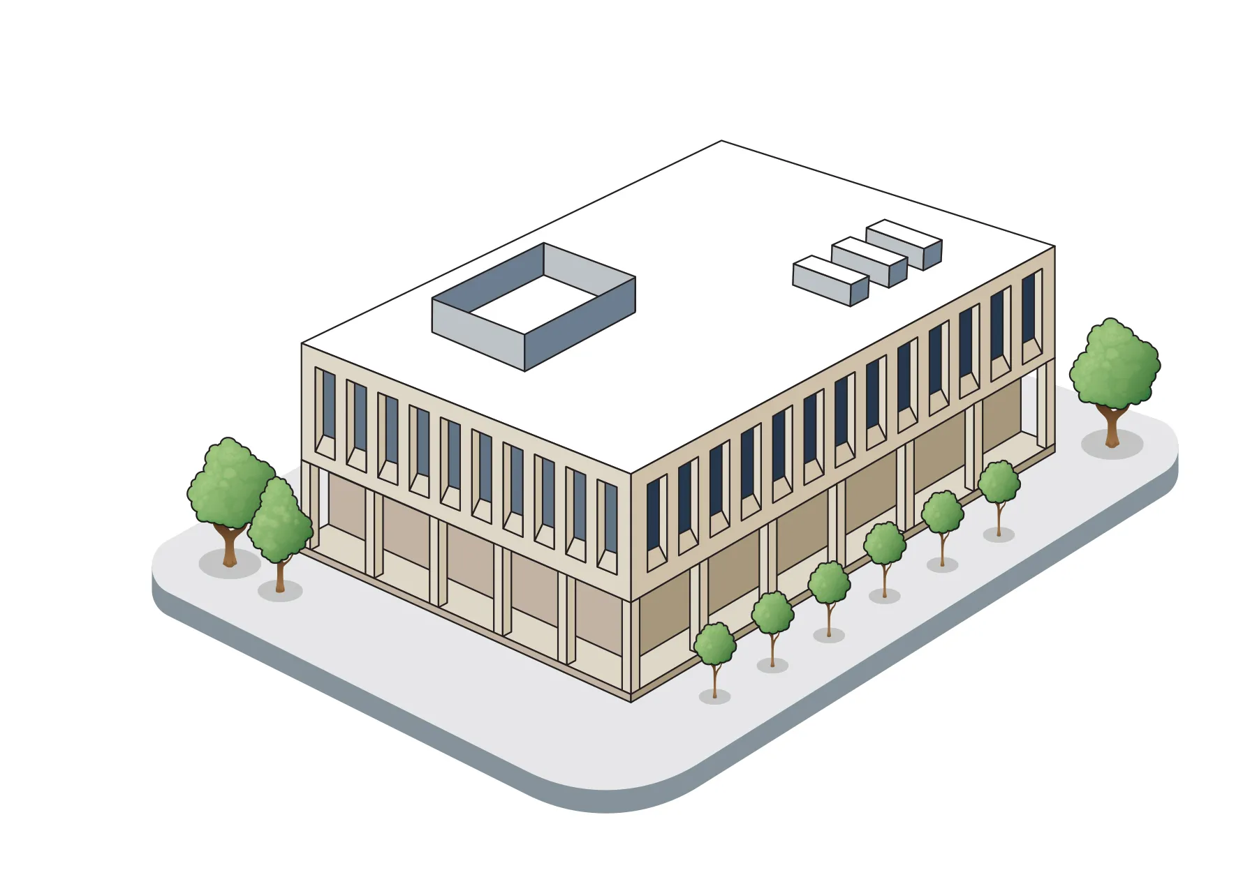 A tan 2-story building has a top portion with tall narrow windows
