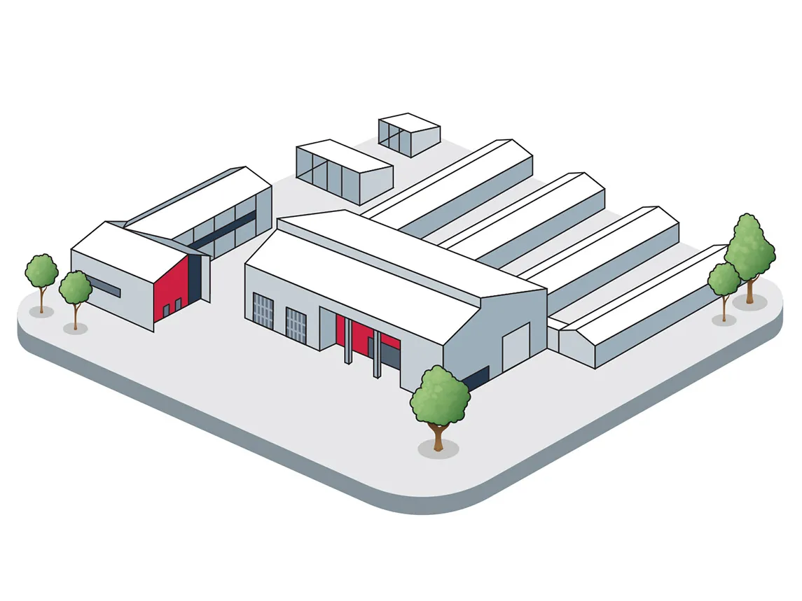 Eight structures rise on this plot, including long shorter buildings that seem sized for farm animals