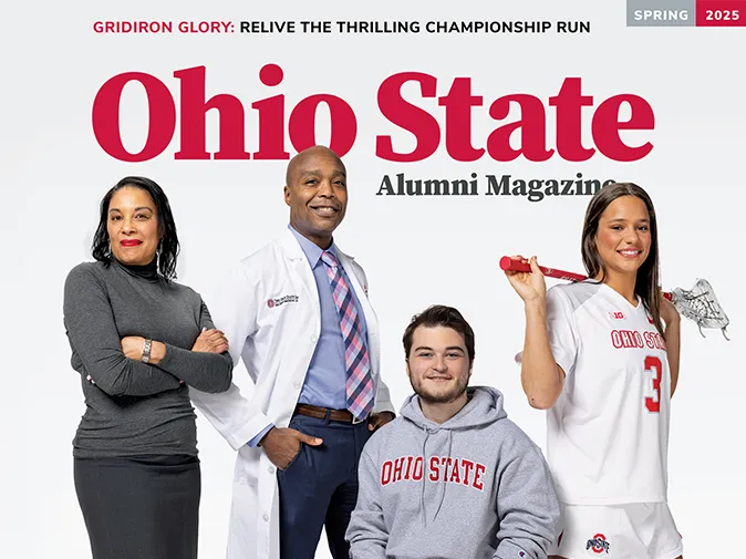 Four smiling members of the Ohio State community pose together, illustrating the big effects of the Time &amp; Change campaign. The headline says “Stronger together.” From left, they are two professors with endowed positions: Ange-Marie Hancock and Dr. Sakima Smith, both are black, and two students with scholarships: Alex Eichner and lacrosse player Annie Hargraves. Both are white.