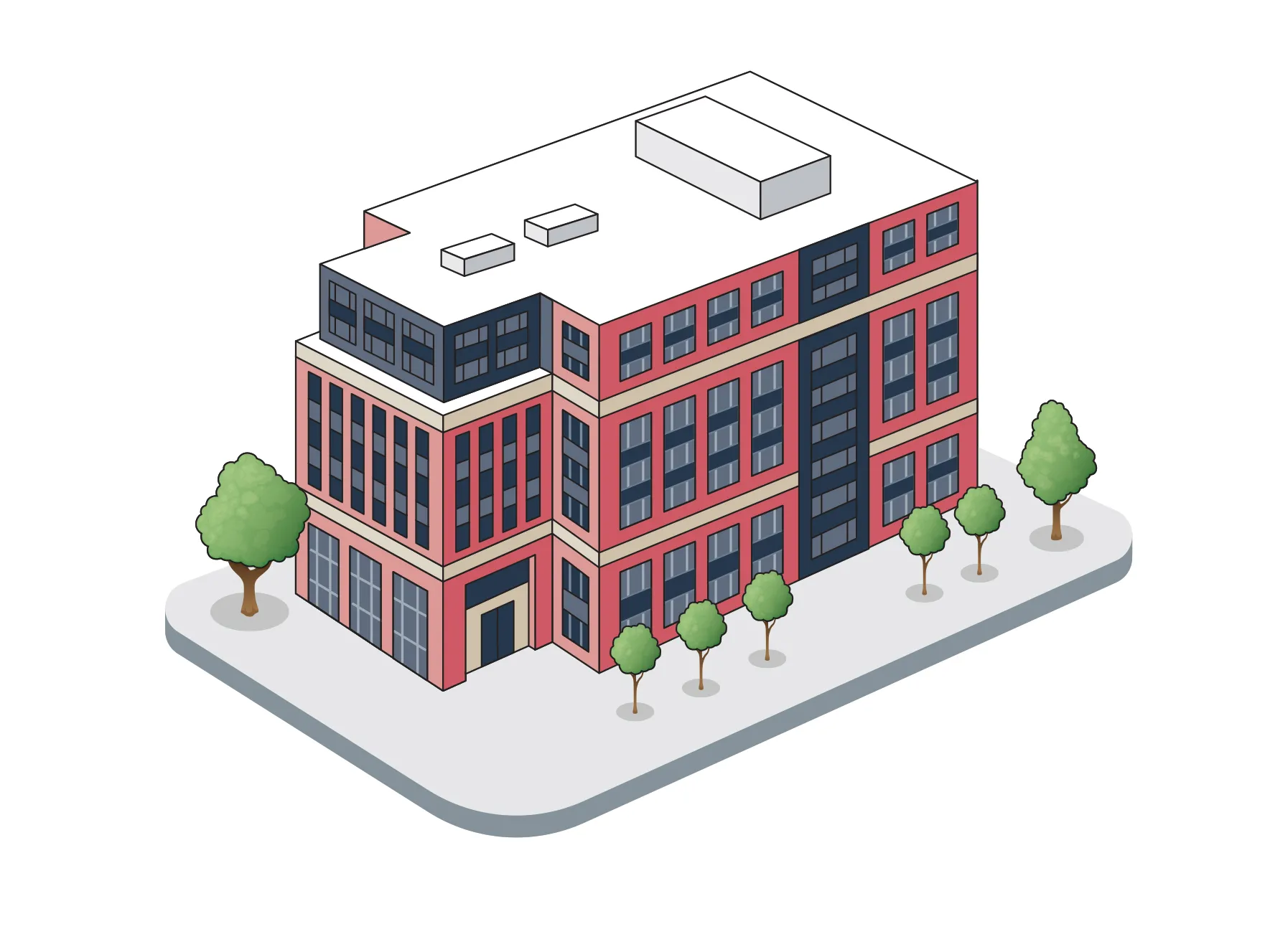 This building looks like it was modeled on classic academic buildings, with red brick, sizable windows and accents of another lighter building material. It appears 6 to 8 stories tall.