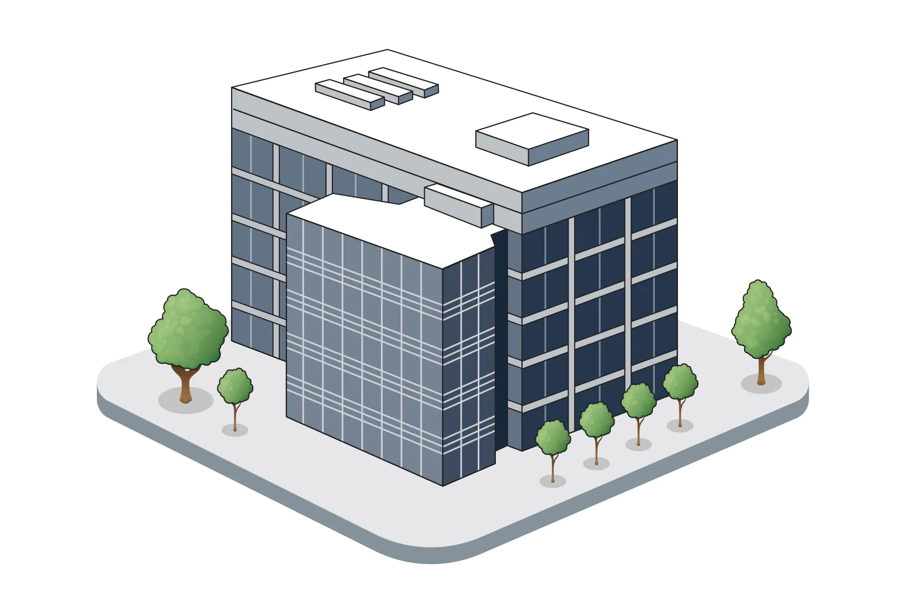 A solid rectangle of windows has an extra smaller rectangle attached to the front. It looks to be about 5 stories tall.