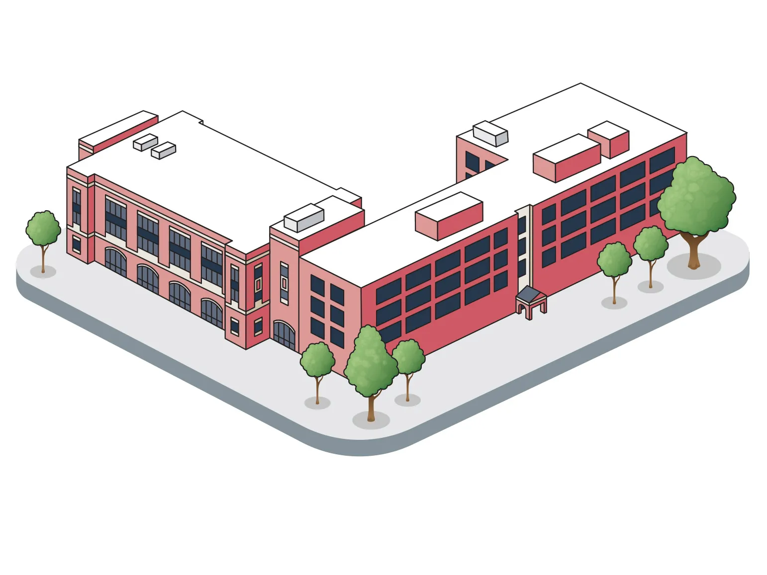 An L shaped building is red brick and 3 to 4 stories tall with big windows.