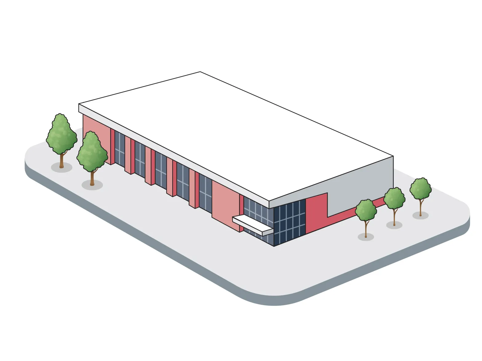 a short 2-story building is mostly a plain roof in this illustration