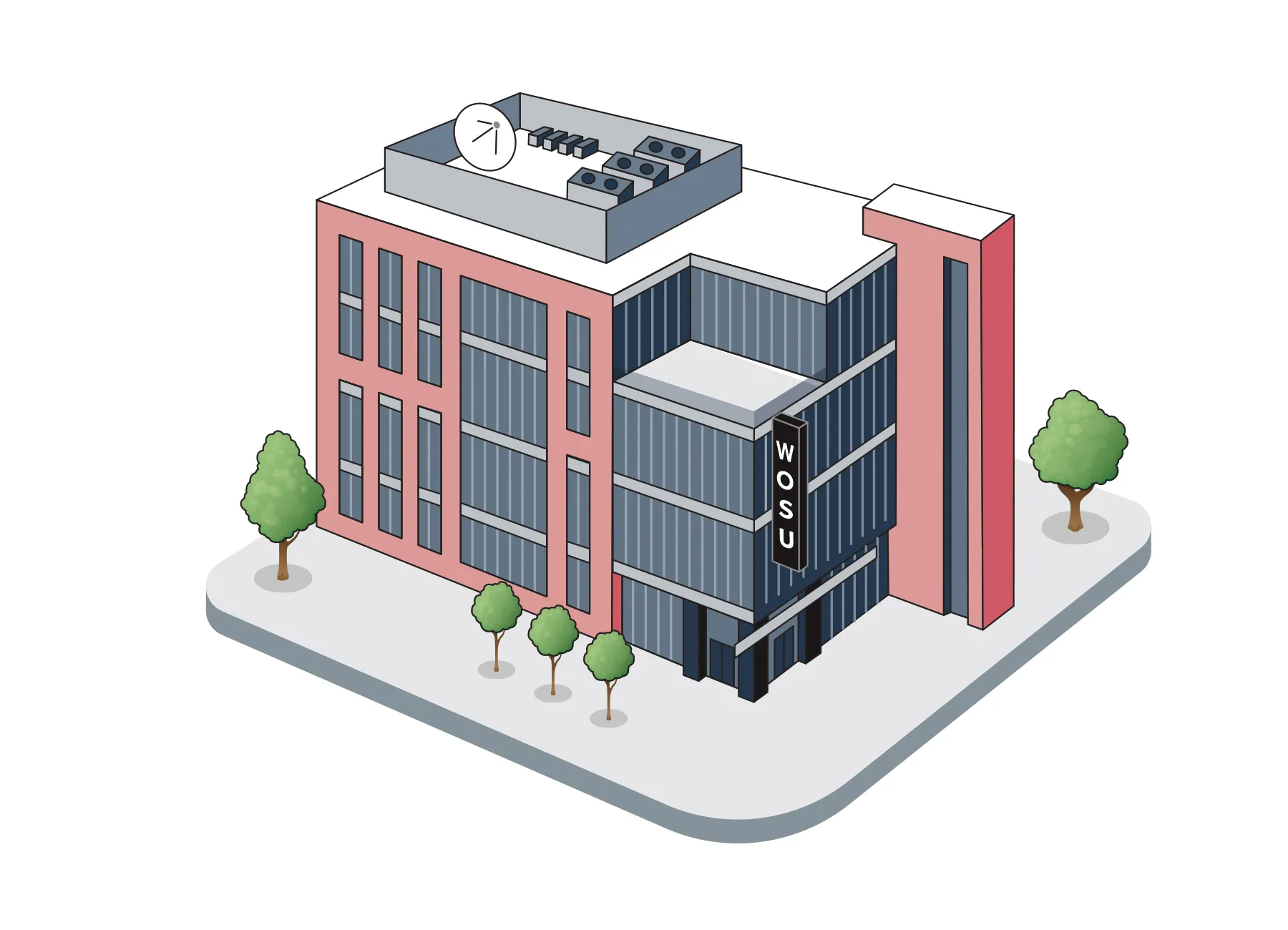 A glass and brick building, with a huge satellite dish on the roof, has a WOSU sign at one corner