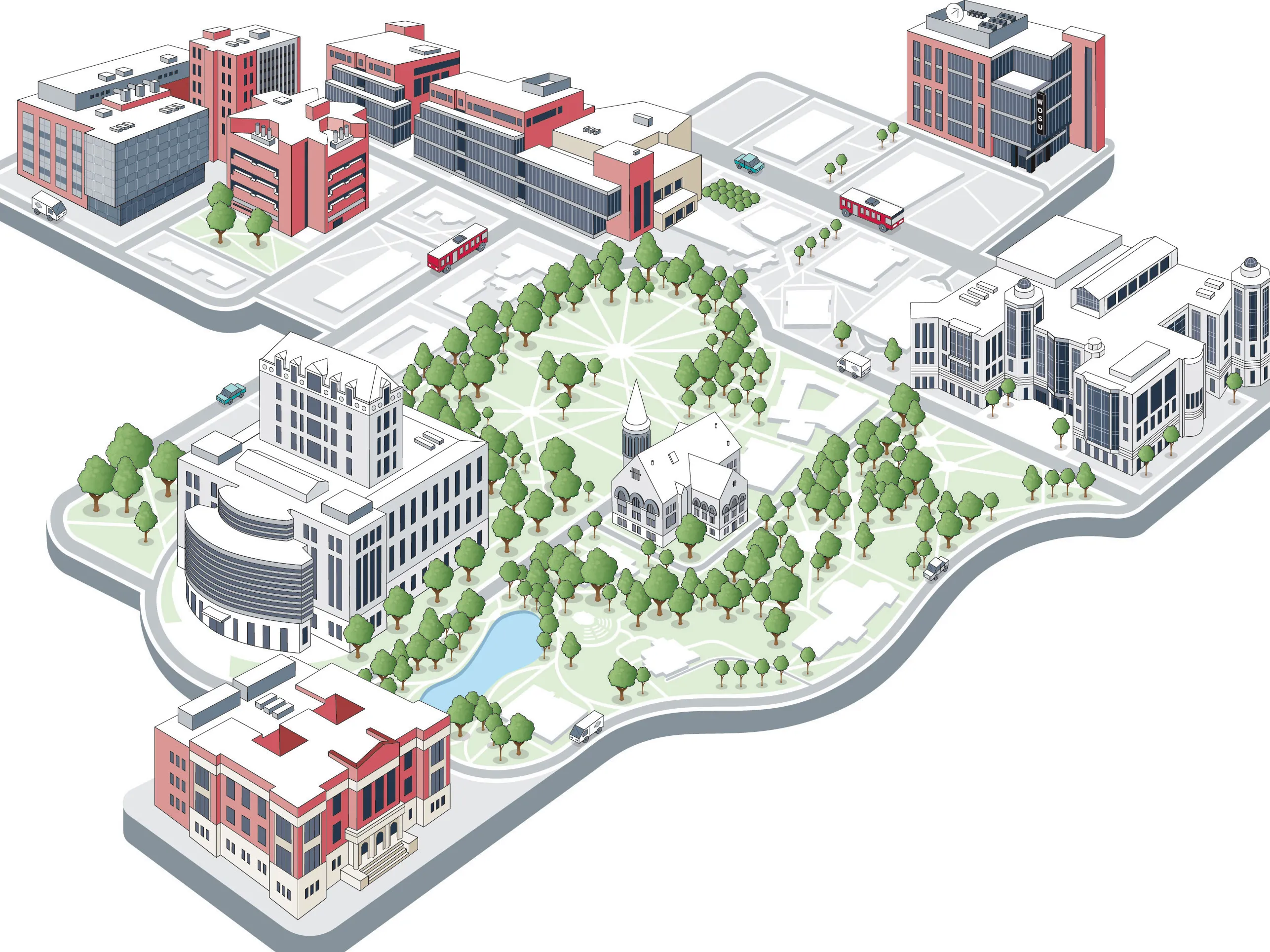 An illllustrated map shows, from a sky view, the Oval and iconic Ohio State buildings such as Thompson Library and the Union, as well as new builds, which are shown in more colors than the classics are.