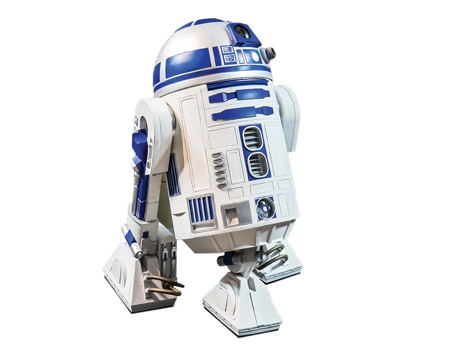 a famous robot from the original Star Wars movies is R2D2. It is a trash-can-size cylinder with domed top and has 3 legs with wheels that let it not-too-quickly zip around