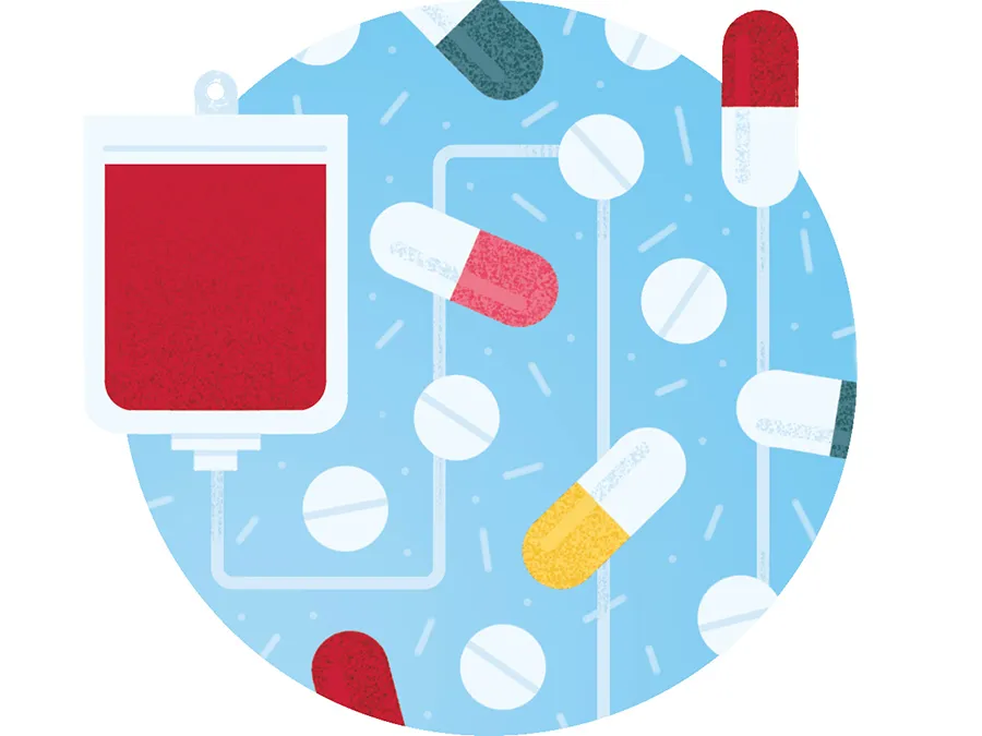 An illustration shows pills and IV bags