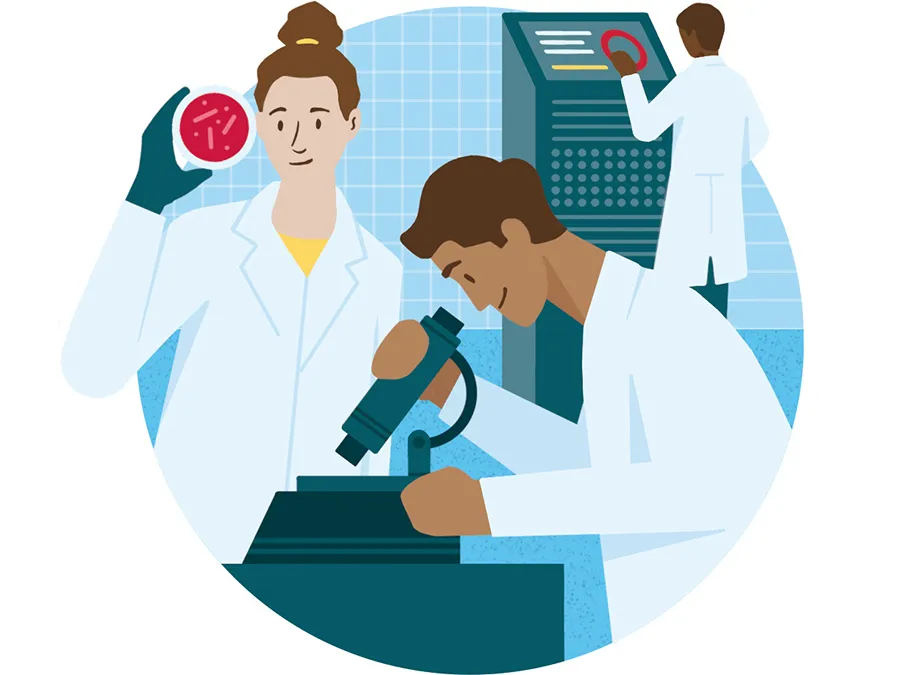 An illustration shows scientists working with equipment
